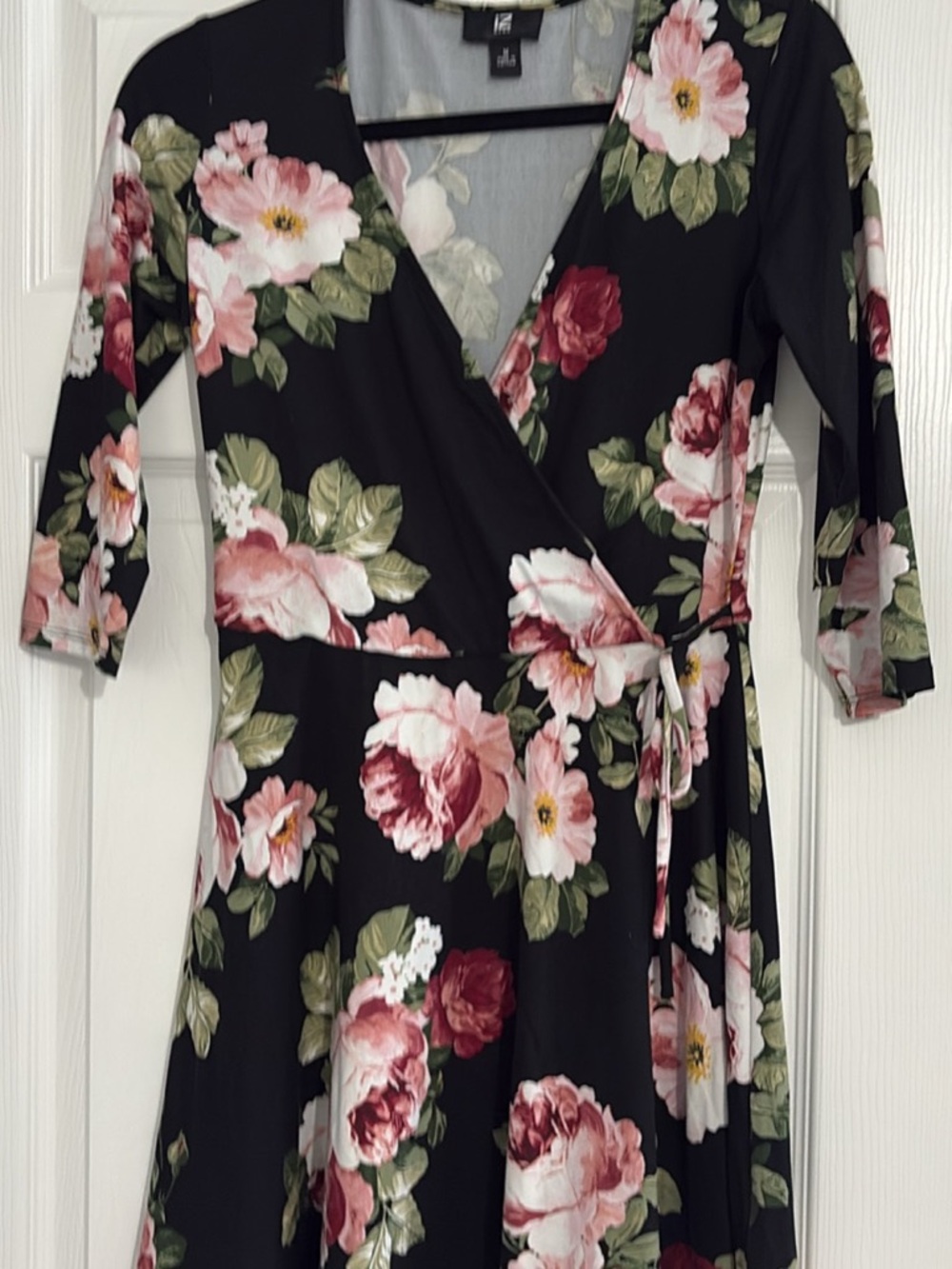 Iz Byer Black Floral Midi Dress with Pink and Green Accents